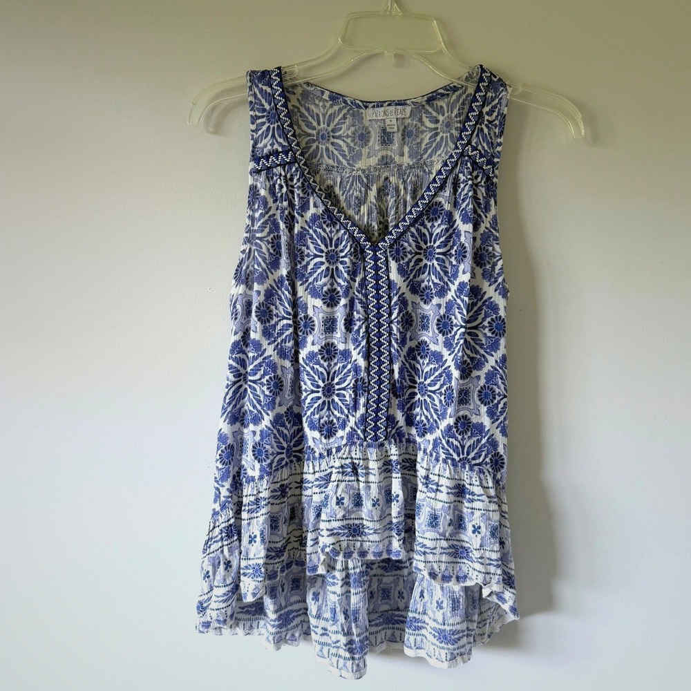 Blue White Medallion Print Embroidered Sleeveless High Low Tank Top Small Boho